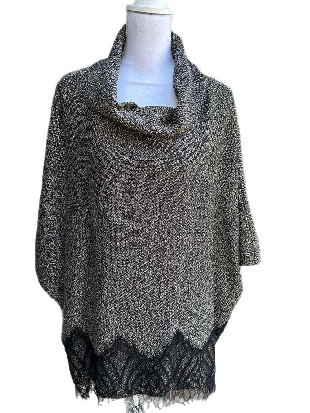 NWOT St. John Couture Cowl Neck Knit Poncho Sweater with Lace Trim Black/Silver